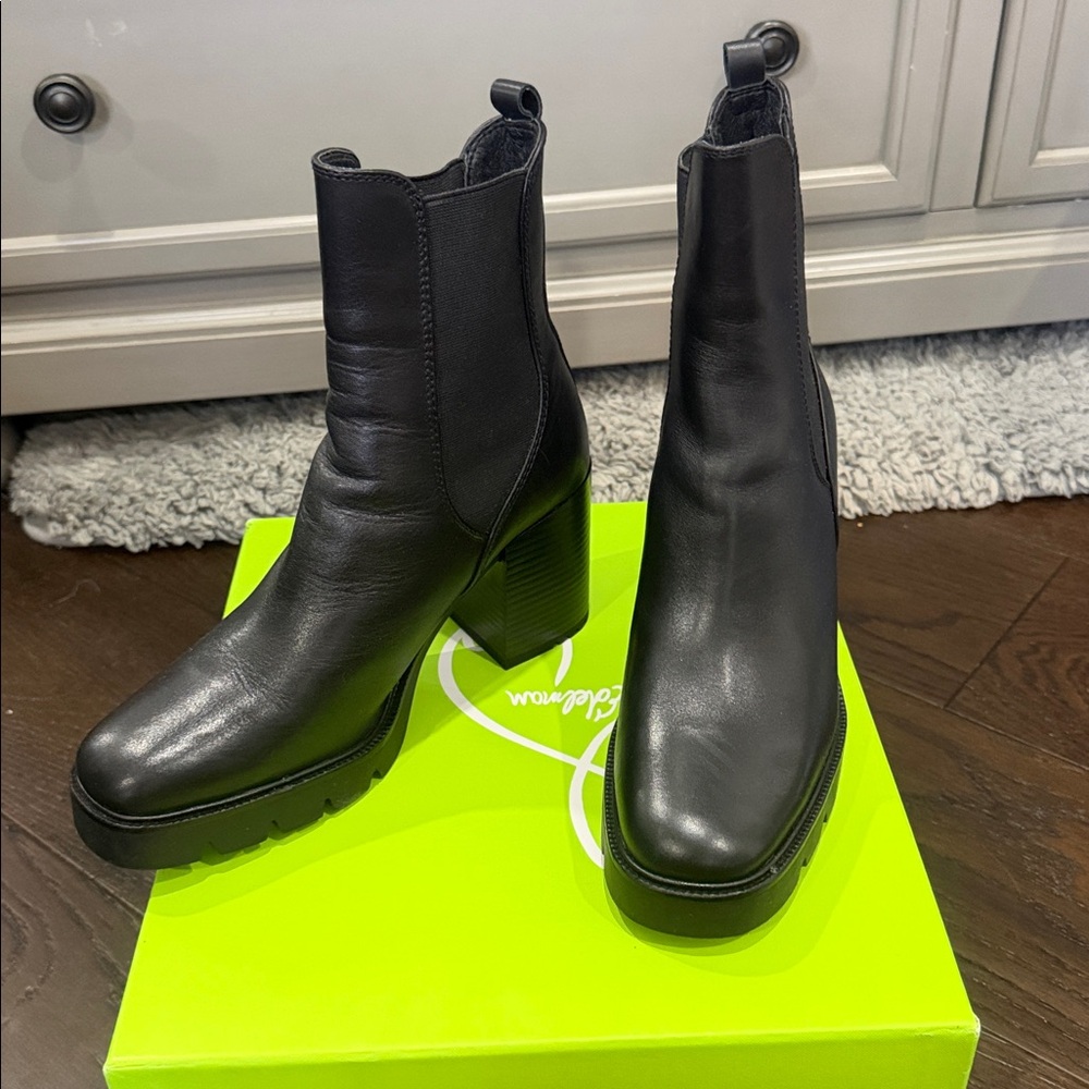Sam Edelman Black Leather Square-Toe Block Heel Chelsea Booties